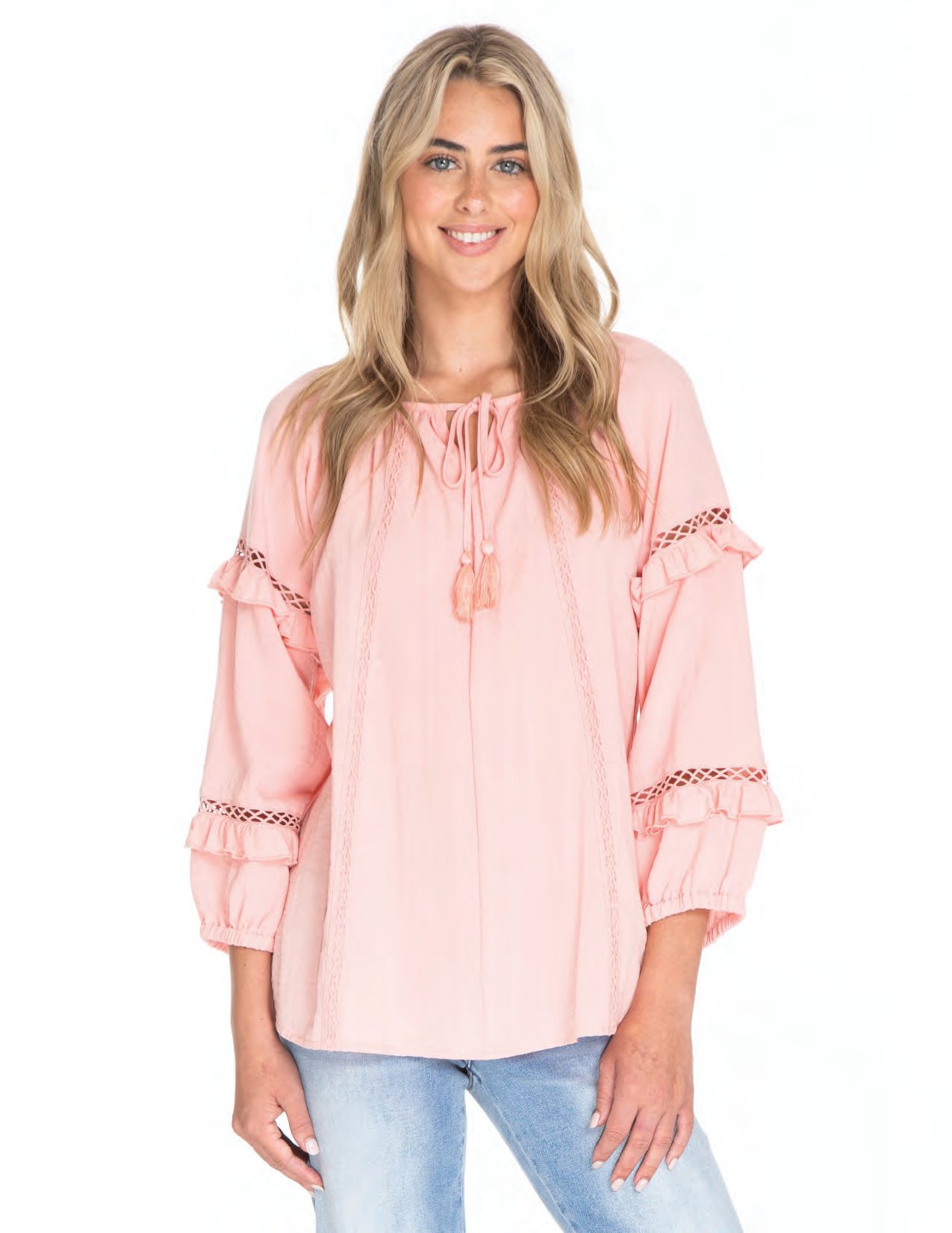Lace & Ruffle Tie Neck Top-3/4 Sleeve, 3/4 sleeves, clothing, Lace, Light Pink, Ruffle Detail, Sale, Tie Neck, Top, Tops, Women, women's-XS-[option4]-[option5]-[option6]-Bella Bliss Boutique in Texas