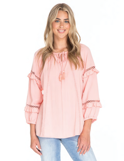 Lace & Ruffle Tie Neck Top-3/4 Sleeve, 3/4 sleeves, clothing, Lace, Light Pink, Ruffle Detail, Sale, Tie Neck, Top, Tops, Women, women's-XS-[option4]-[option5]-[option6]-Bella Bliss Boutique in Texas