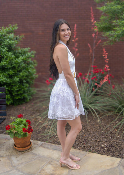 Lapel Collar Halter Lace Mini Dress-Bamboo Belt Buckle,Belted,clothing,dress,dresses,Halter,Halter Neck,Lace,Lace Detail,Lapel Collar,Mini Dress,Sale,White,Women,women's-[option4]-[option5]-[option6]-Bella Bliss Boutique in Texas