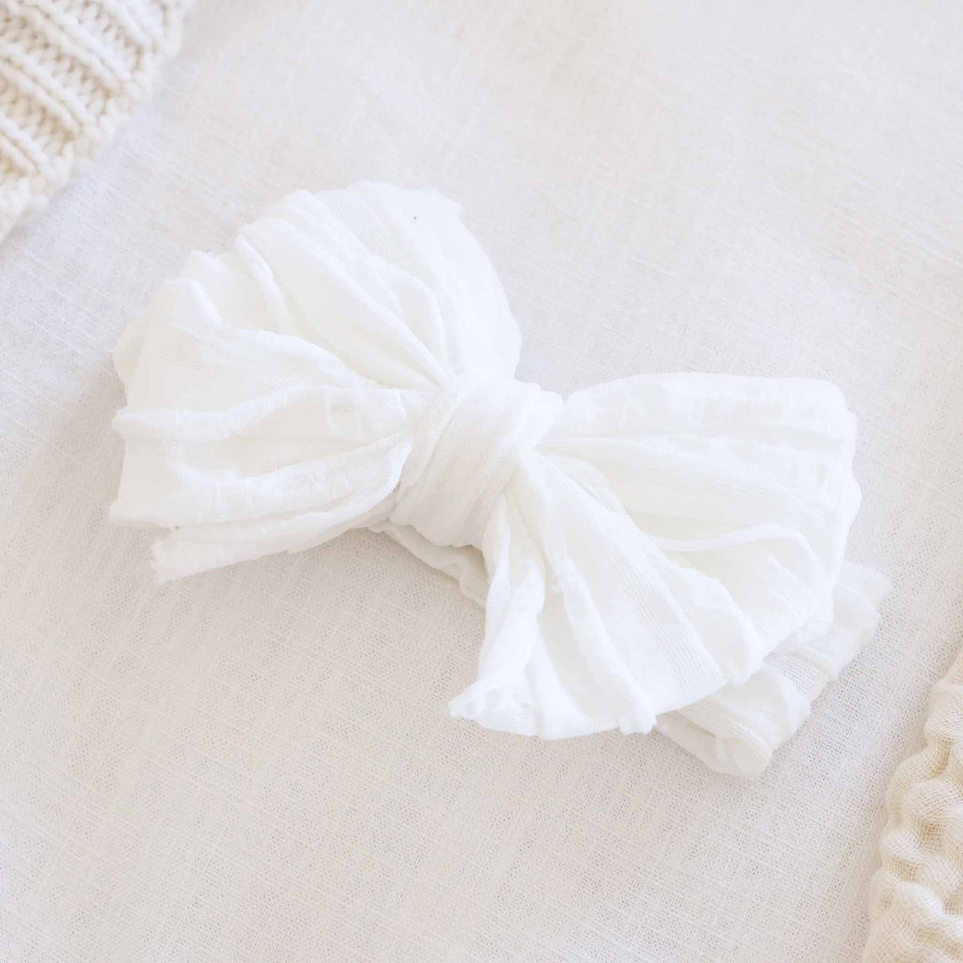 Large Ruffle Knit Bow-Bow Headband,Caden Lane,Children & Tween,Children & Tweens,Hair Accessories,Hair Bows,Infant to 6,newborn,Ruffle Detail,Stretch-Snow-[option4]-[option5]-[option6]-Bella Bliss Boutique in Texas