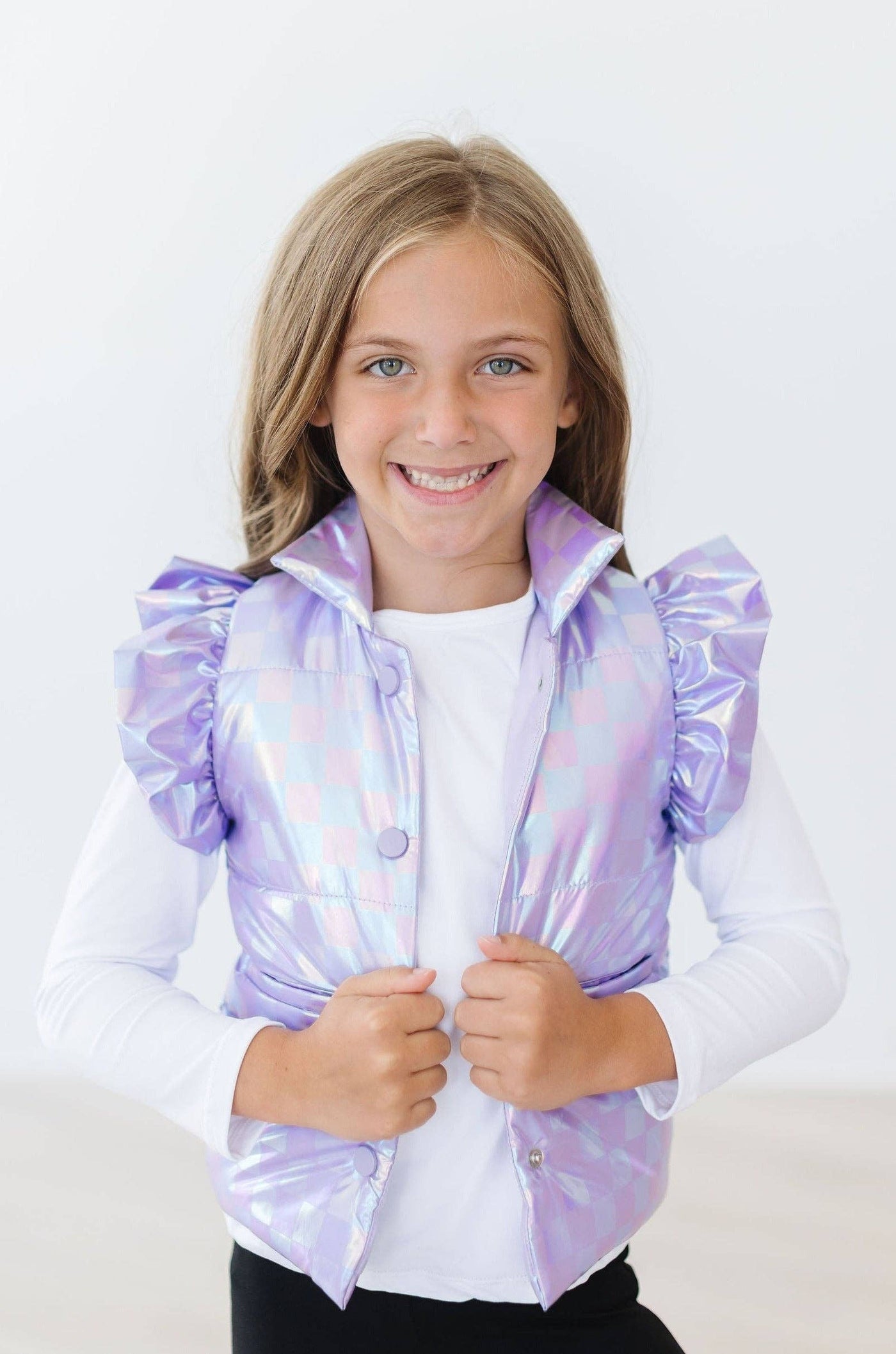 Lavender Haze Checker Puffer Vest-Children & Tweens,children's,Childrens/Tween,clothing,Infant to 6,Lightweight Puffer,Metallic,mila and rose,Ruffle Sleeve,Ruffle Trim,Ruffled Shoulder,Top,Tops,Tween 7-14,Tweens 7-14,Vest-[option4]-[option5]-[option6]-Bella Bliss Boutique in Texas