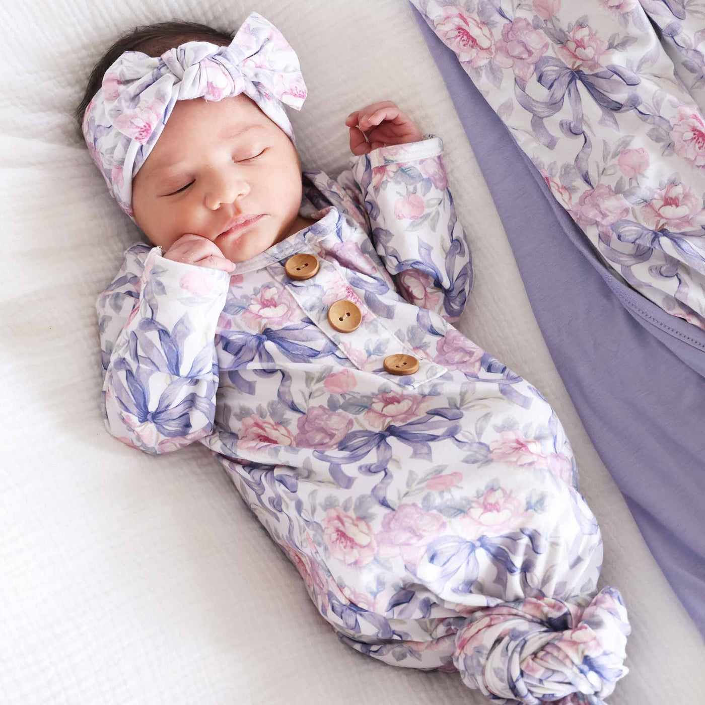 Leighton's Lavender Newborn Baby Knot Gown & Hat Set-Bow Headband,Button Detail,Caden Lane,Children & Tween,Children & Tweens,Floral,Infant to 6,newborn,Rompers,Swaddle + Headband-0-3 months-[option4]-[option5]-[option6]-Bella Bliss Boutique in Texas