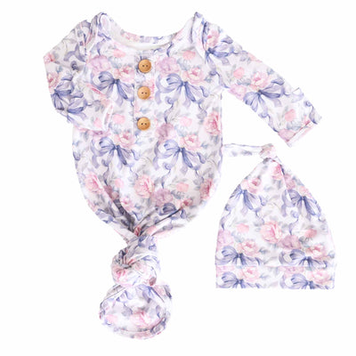 Leighton's Lavender Newborn Baby Knot Gown & Hat Set-Bow Headband,Button Detail,Caden Lane,Children & Tween,Children & Tweens,Floral,Infant to 6,newborn,Rompers,Swaddle + Headband-[option4]-[option5]-[option6]-Bella Bliss Boutique in Texas