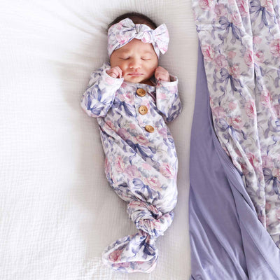 Leighton's Lavender Newborn Baby Knot Gown & Hat Set-Bow Headband,Button Detail,Caden Lane,Children & Tween,Children & Tweens,Floral,Infant to 6,newborn,Rompers,Swaddle + Headband-[option4]-[option5]-[option6]-Bella Bliss Boutique in Texas