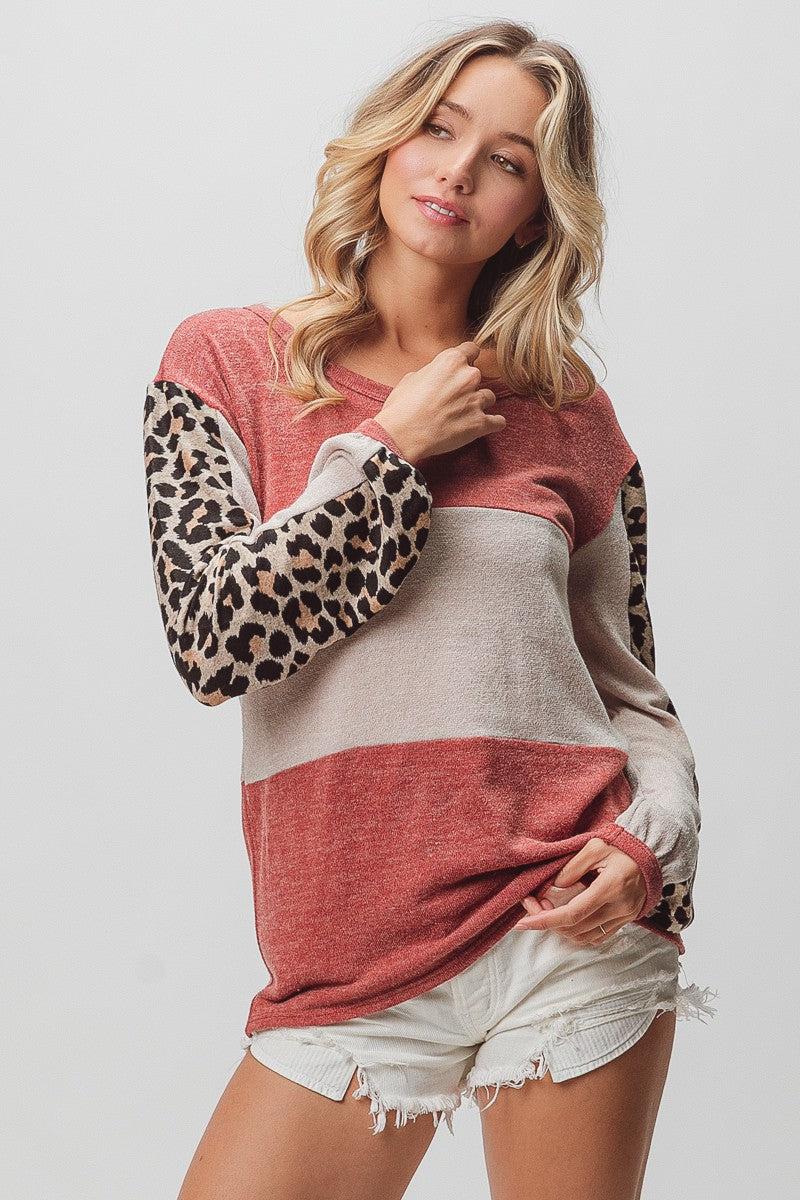 Leopard Colorblock Sweater-Animal Print, clothing, Color Block, Colorblock, leopard, Leopard Print, Rust, Sweater, Sweaters, Top, Tops, Women, women's-[option4]-[option5]-[option6]-Bella Bliss Boutique in Texas