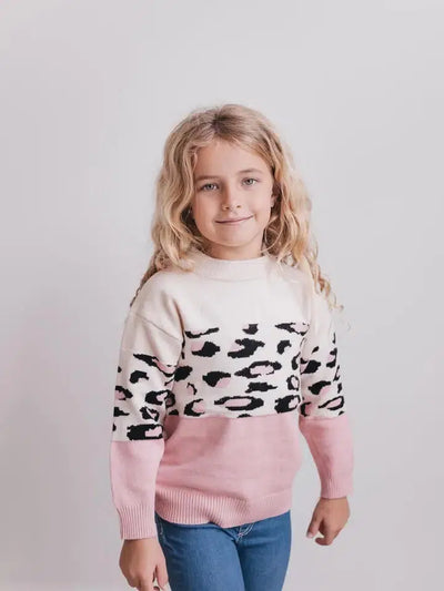 Leopard Crew Neck Sweater-Children & Tweens, children's, Childrens/Tween, clothing, Cream, Crew Neck, Infant to 6, Leopard Detail, Pink, Sweater, Sweaters, Top, Tops, Tween 7-14, Tweens 7-14-3/4-[option4]-[option5]-[option6]-Bella Bliss Boutique in Texas