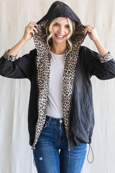 Leopard Lined Hooded Windbreaker-Animal Print, Black, Burgundy, clothing, Coats & Jackets, Hot Pink, jacket, leopard, Leopard Detail, Leopard Print, Windbreaker, Women, women's-Black-S-[option4]-[option5]-[option6]-Bella Bliss Boutique in Texas