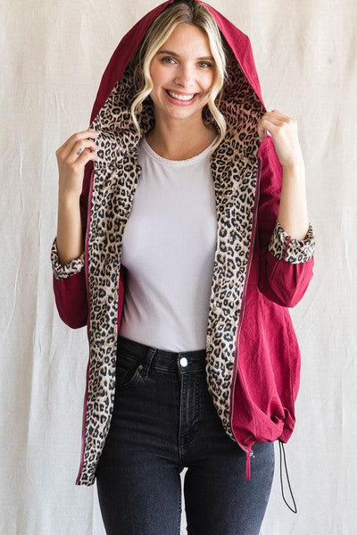 Leopard Lined Hooded Windbreaker-Animal Print, Black, Burgundy, clothing, Coats & Jackets, Hot Pink, jacket, leopard, Leopard Detail, Leopard Print, Windbreaker, Women, women's-Burgundy-S-[option4]-[option5]-[option6]-Bella Bliss Boutique in Texas