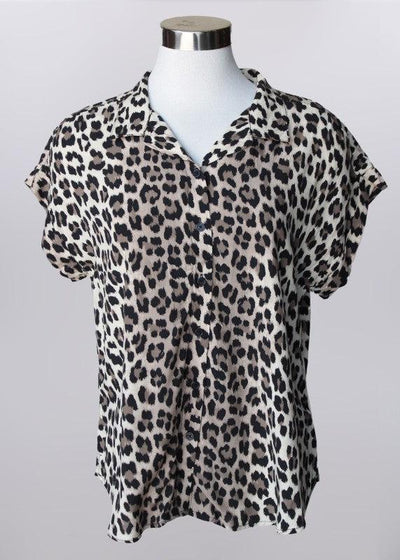 Leopard Print Cuff Sleeve Top-Animal Print, button down, Button Front, Button Up, buttondown, clothing, leopard, Leopard Print, Top, Tops, women, women's-S-[option4]-[option5]-[option6]-Bella Bliss Boutique in Texas