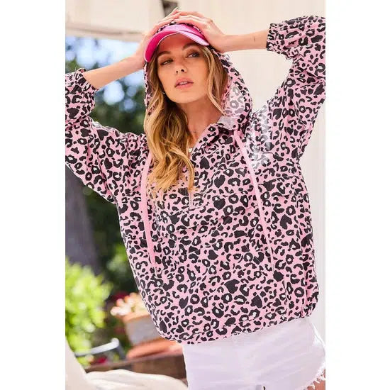Leopard Print Hooded Windbreaker-Animal Print, clothing, Coats & Jackets, jacket, leopard, Leopard Print, Pink, Pink Leopard, Windbreaker, Women, women's-S-[option4]-[option5]-[option6]-Bella Bliss Boutique in Texas