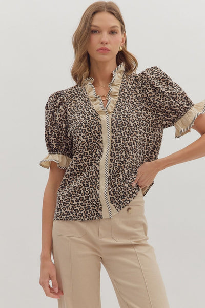 Leopard Print Ruffle Sleeve Top-Brown Leopard,clothing,Curvy,Entro,Half Sleeve,leopard,Leopard Print,Puff Sleeve,Ruffle Detail Top,Ruffle Sleeve,Ruffle Trim,Tops,Women,women's-M-[option4]-[option5]-[option6]-Bella Bliss Boutique in Texas