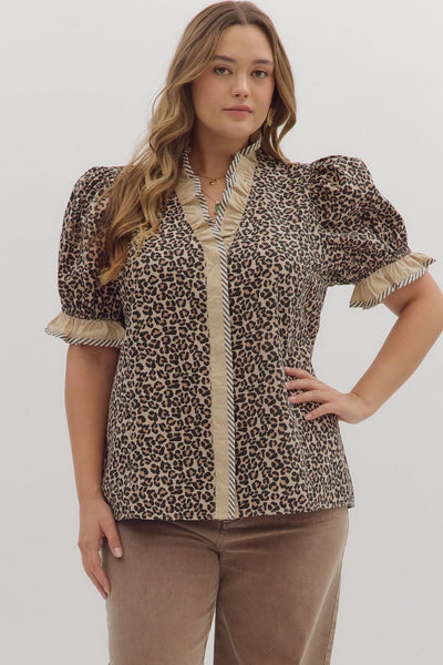 Leopard Print Ruffle Sleeve Top-Brown Leopard,clothing,Curvy,Entro,Half Sleeve,leopard,Leopard Print,Puff Sleeve,Ruffle Detail Top,Ruffle Sleeve,Ruffle Trim,Tops,Women,women's-XL-[option4]-[option5]-[option6]-Bella Bliss Boutique in Texas