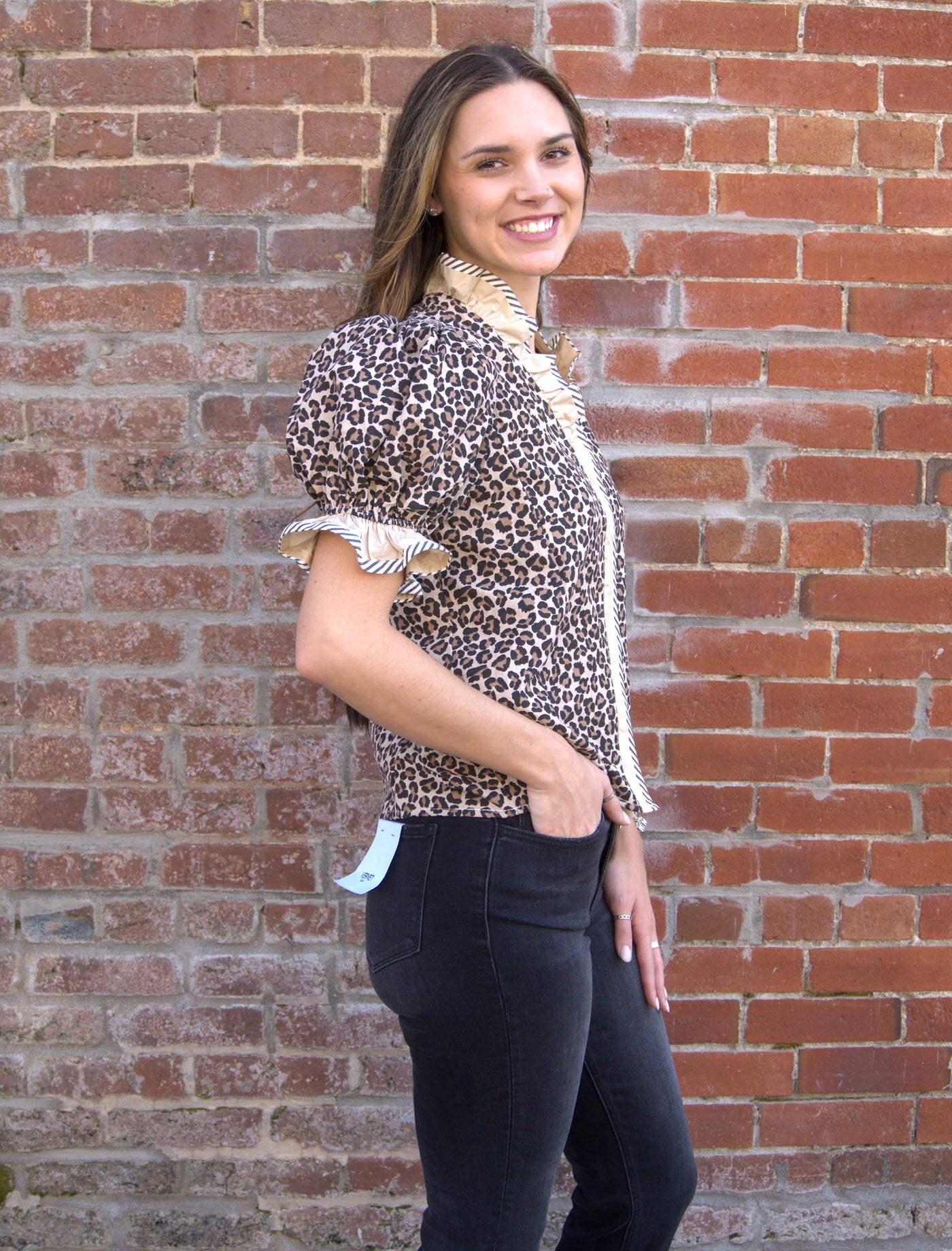 Leopard Print Ruffle Sleeve Top-Brown Leopard,clothing,Curvy,Entro,Half Sleeve,leopard,Leopard Print,Puff Sleeve,Ruffle Detail Top,Ruffle Sleeve,Ruffle Trim,Tops,Women,women's-[option4]-[option5]-[option6]-Bella Bliss Boutique in Texas