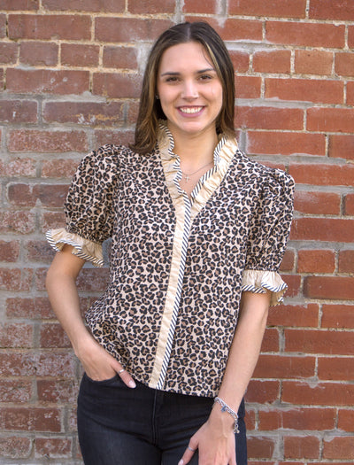 Leopard Print Ruffle Sleeve Top-Brown Leopard,clothing,Curvy,Entro,Half Sleeve,leopard,Leopard Print,Puff Sleeve,Ruffle Detail Top,Ruffle Sleeve,Ruffle Trim,Tops,Women,women's-[option4]-[option5]-[option6]-Bella Bliss Boutique in Texas