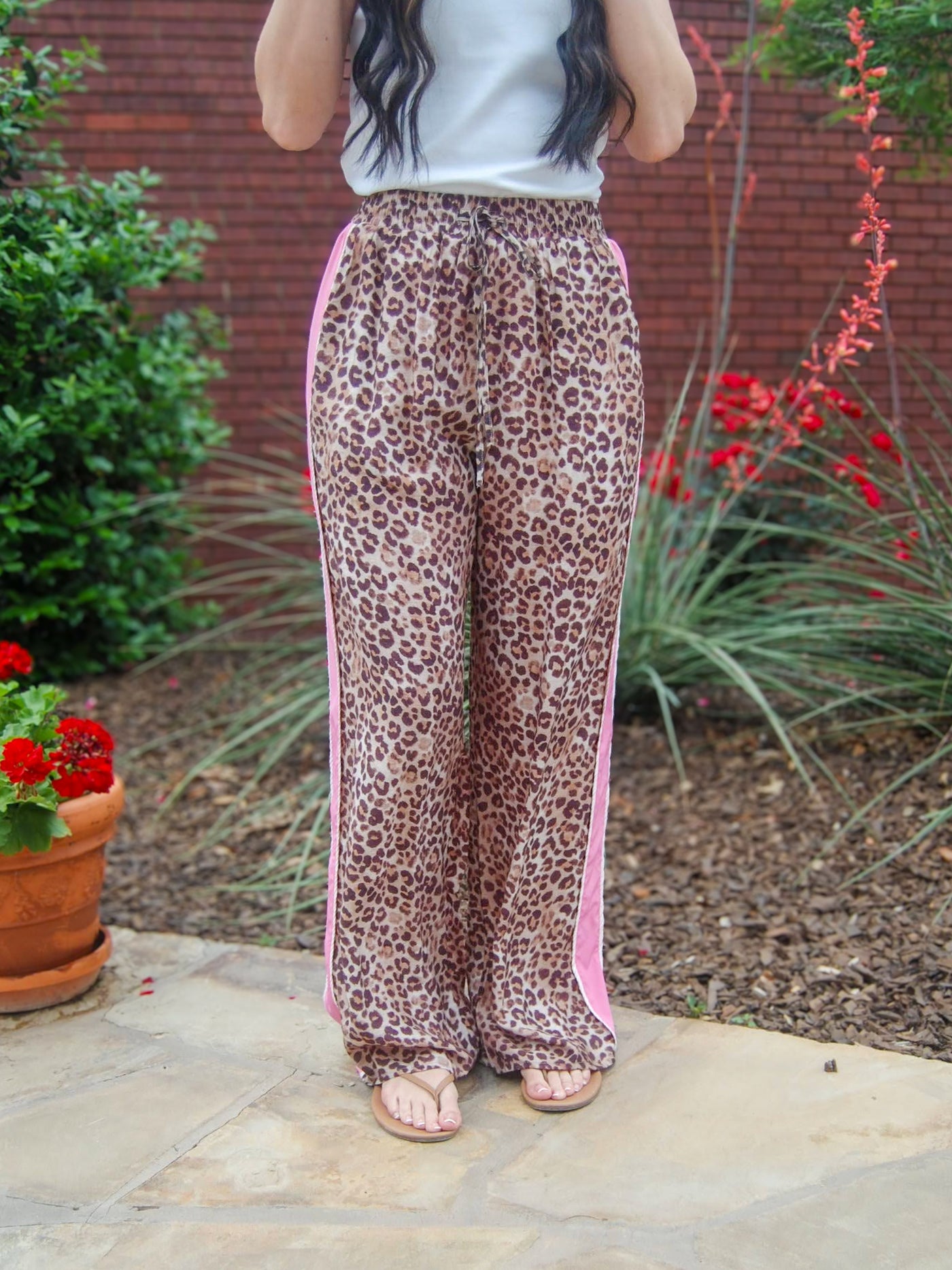 Leopard Print Wide Leg Pants-Animal Print,Bottoms,clothing,Hi-Waist,High Rise,leopard,Leopard Print,Pants,Pink Binding Detail,Sale,Tie Waist,Wide Leg,Women,women's-S-[option4]-[option5]-[option6]-Bella Bliss Boutique in Texas
