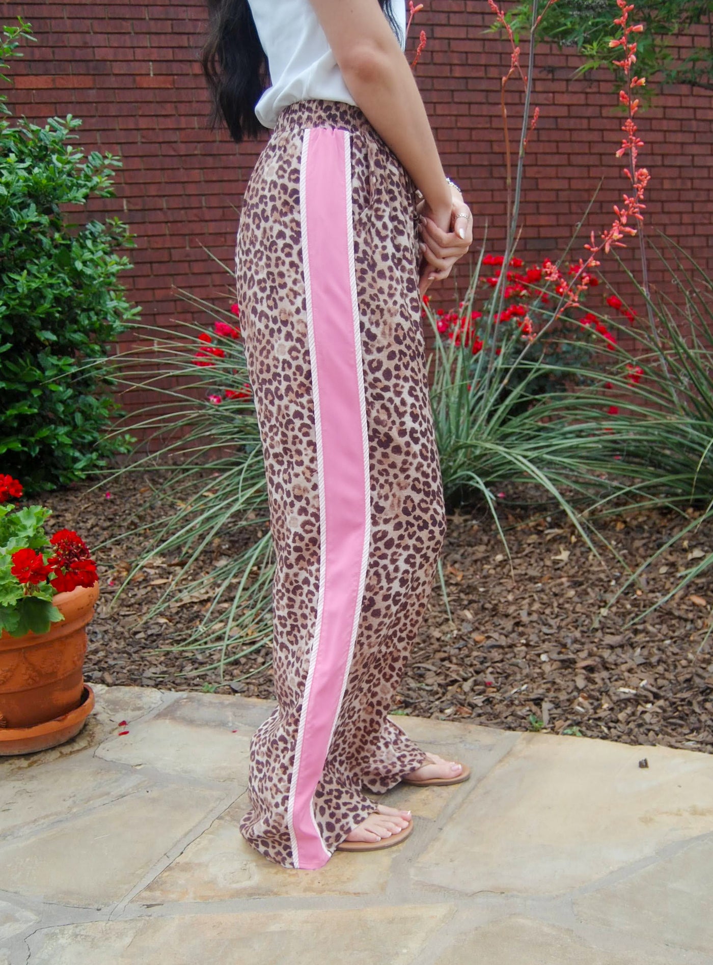 Leopard Print Wide Leg Pants-Animal Print,Bottoms,clothing,Hi-Waist,High Rise,leopard,Leopard Print,Pants,Pink Binding Detail,Sale,Tie Waist,Wide Leg,Women,women's-[option4]-[option5]-[option6]-Bella Bliss Boutique in Texas