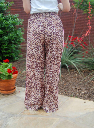 Leopard Print Wide Leg Pants-Animal Print,Bottoms,clothing,Hi-Waist,High Rise,leopard,Leopard Print,Pants,Pink Binding Detail,Sale,Tie Waist,Wide Leg,Women,women's-[option4]-[option5]-[option6]-Bella Bliss Boutique in Texas