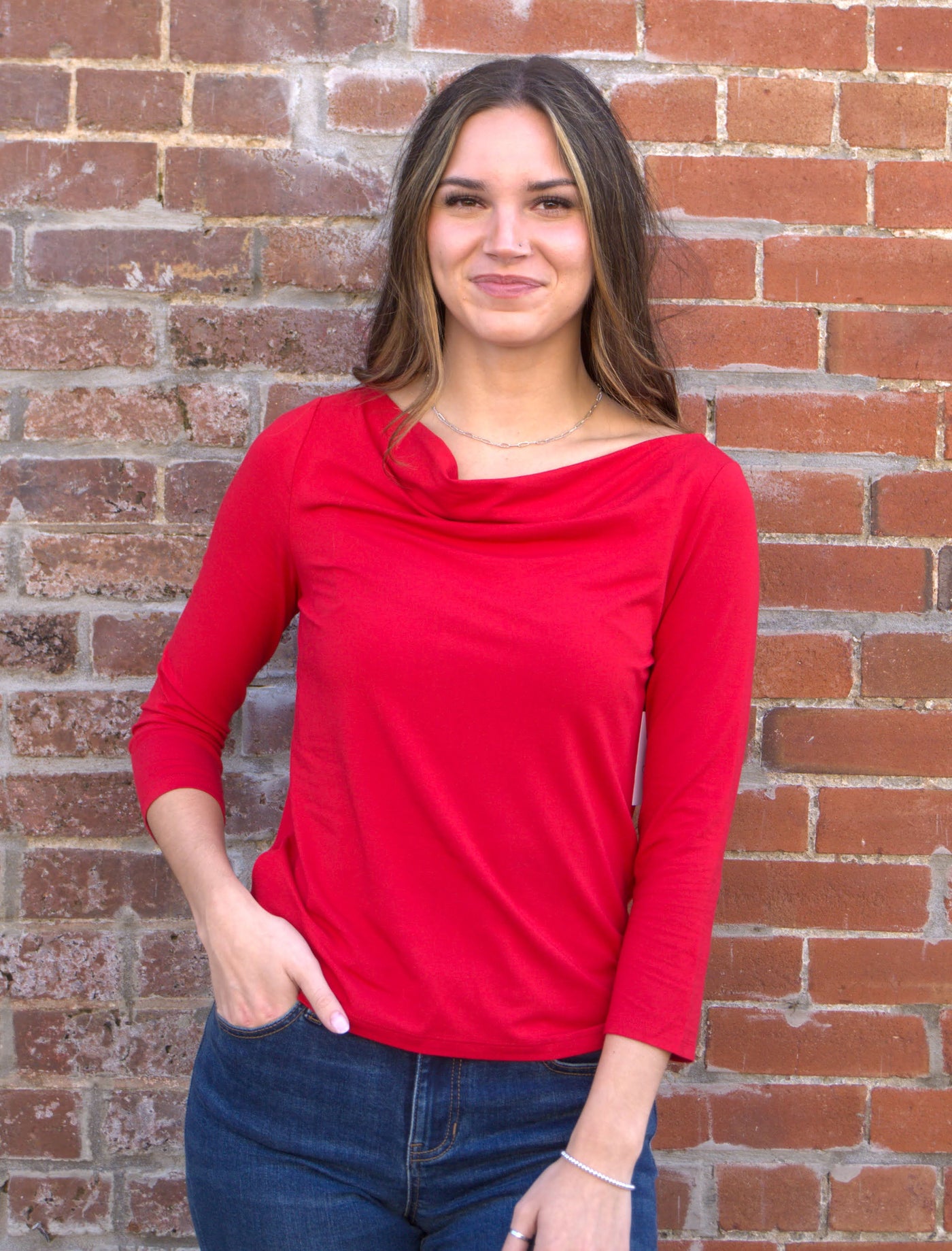 Liverpool 3/4 Sleeve Draped Neck Knit Top-3/4 Sleeve,Bamboo Viscose,blouse,Business Casual,Cowl Neck,Liverpool,Tops,Women,women's-[option4]-[option5]-[option6]-Bella Bliss Boutique in Texas