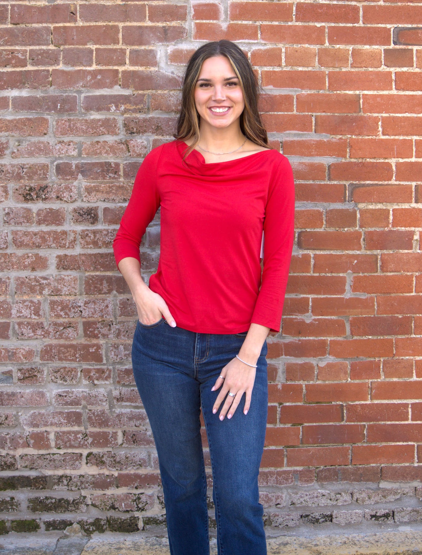 Liverpool 3/4 Sleeve Draped Neck Knit Top-3/4 Sleeve,Bamboo Viscose,blouse,Business Casual,Cowl Neck,Liverpool,Tops,Women,women's-[option4]-[option5]-[option6]-Bella Bliss Boutique in Texas