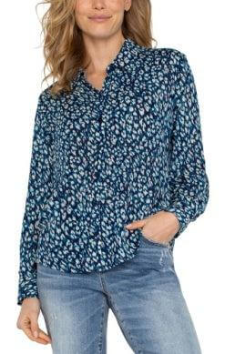 Liverpool Blue Topaz Woven Top-Animal Print,Blue Topaz,button down,Button Front,Button Up,buttondown,clothing,Long Sleeve,Top,Tops,Women,women's-[option4]-[option5]-[option6]-Bella Bliss Boutique in Texas