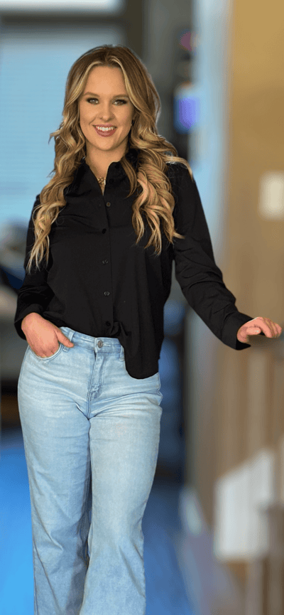 Liverpool Button Front Knit Top-Black,button down,Button Front,Button Up,buttondown,clothing,Long Sleeve,Top,Tops,Women,women's-XS-[option4]-[option5]-[option6]-Bella Bliss Boutique in Texas