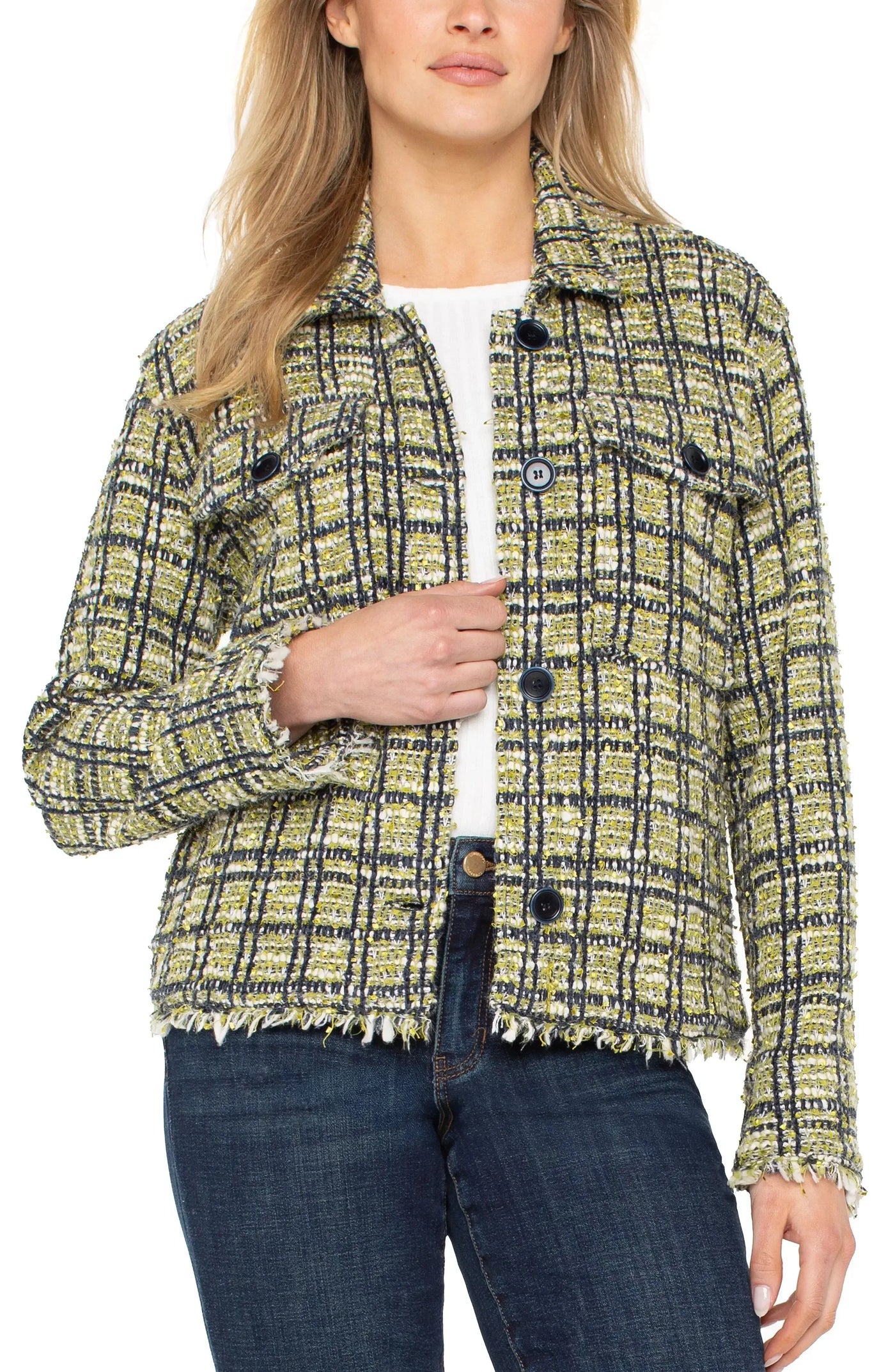 Liverpool Cargo Shacket-button down,Button Front,Cargo,clothing,Coats & Jackets,Cropped,jacket,Jackets,Liverpool,Outerwear,plaid,Shacket,Tops,Tweed Jacket,Women,women's-XS-[option4]-[option5]-[option6]-Bella Bliss Boutique in Texas