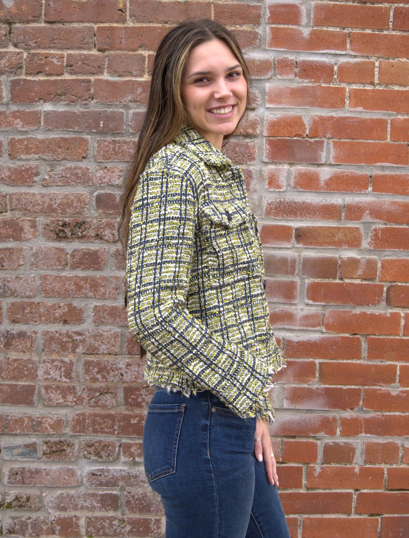 Liverpool Cargo Shacket-button down,Button Front,Cargo,clothing,Coats & Jackets,Cropped,jacket,Jackets,Liverpool,Outerwear,plaid,Shacket,Tops,Tweed Jacket,Women,women's-[option4]-[option5]-[option6]-Bella Bliss Boutique in Texas