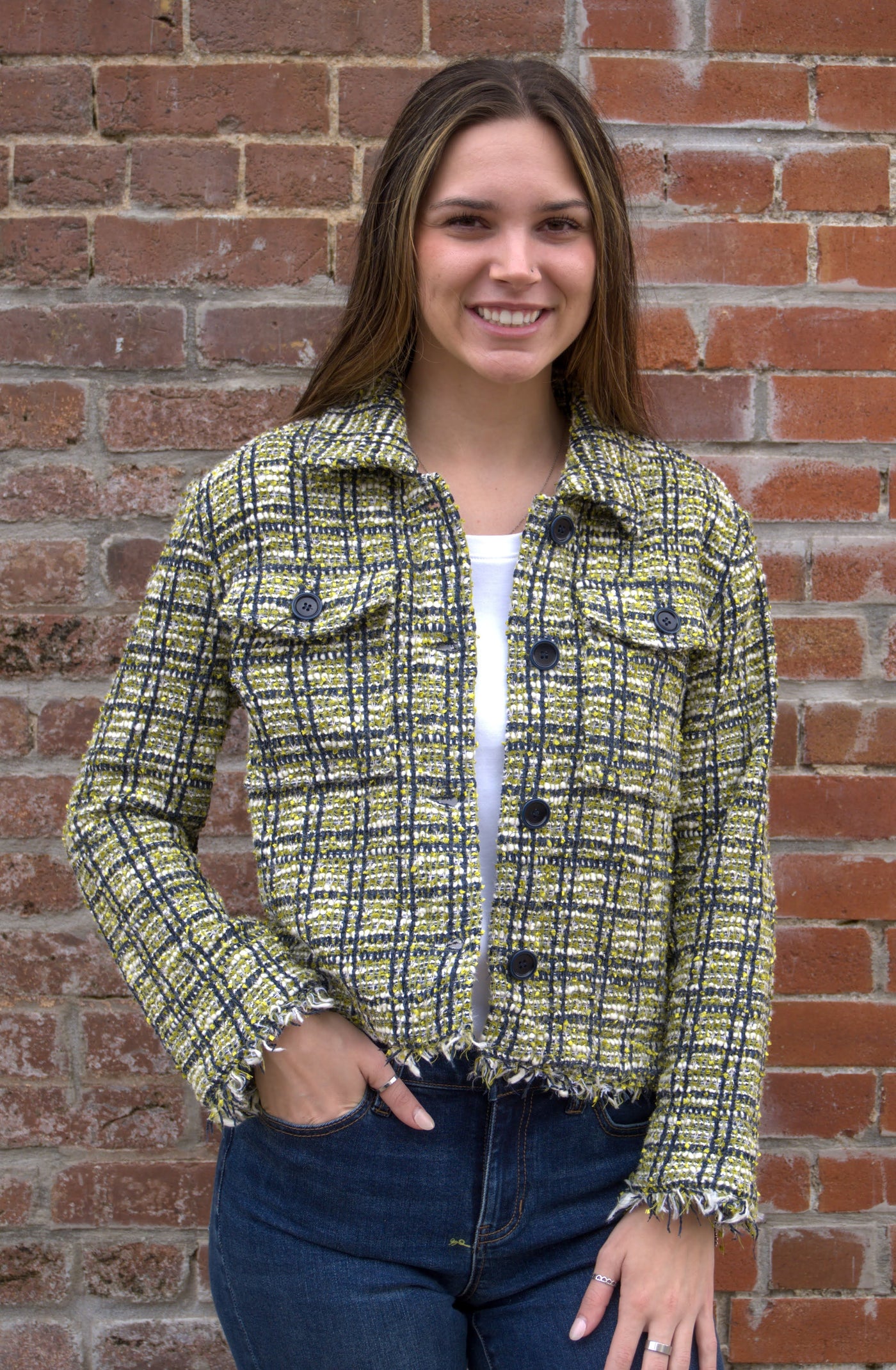 Liverpool Cargo Shacket-button down,Button Front,Cargo,clothing,Coats & Jackets,Cropped,jacket,Jackets,Liverpool,Outerwear,plaid,Shacket,Tops,Tweed Jacket,Women,women's-[option4]-[option5]-[option6]-Bella Bliss Boutique in Texas