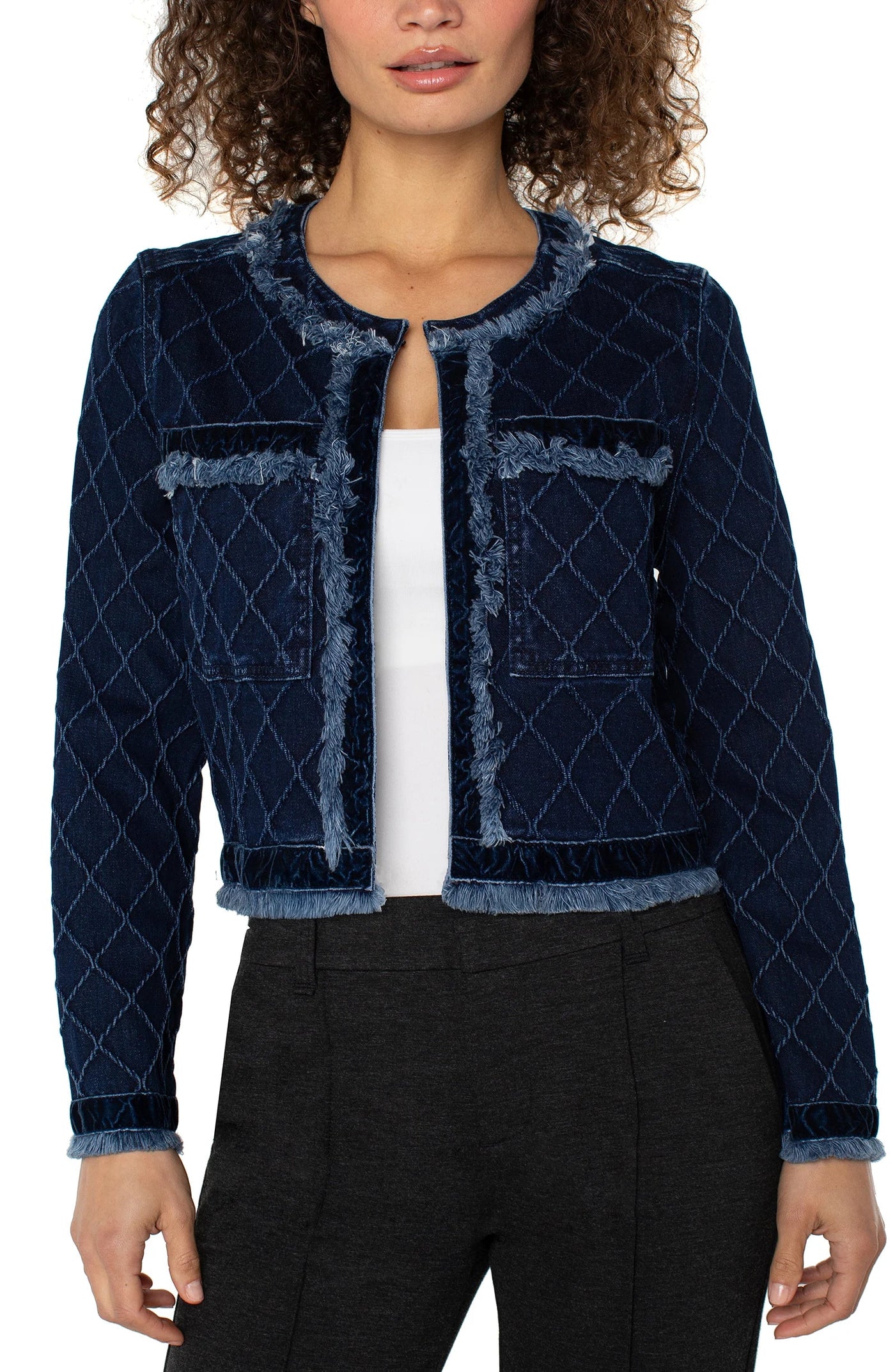 Liverpool Collarless Fray Edge Jacket W/ Velvet Trim-clothing,Coats & Jackets,Denim Jacket,denin jacket,jacket,Jackets,Jean Jacket,Liverpool,Outerwear,Tops,Trucker Jacket,Velvet,Women,women's-XS-[option4]-[option5]-[option6]-Bella Bliss Boutique in Texas