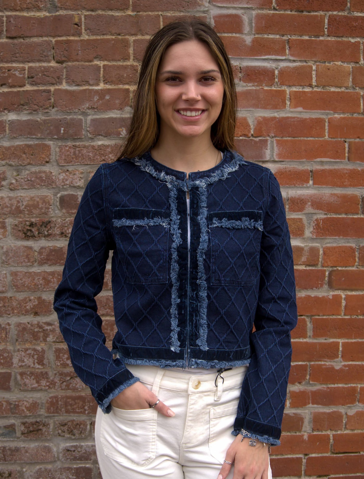 Liverpool Collarless Fray Edge Jacket W/ Velvet Trim-clothing,Coats & Jackets,Denim Jacket,denin jacket,jacket,Jackets,Jean Jacket,Liverpool,Outerwear,Tops,Trucker Jacket,Velvet,Women,women's-[option4]-[option5]-[option6]-Bella Bliss Boutique in Texas