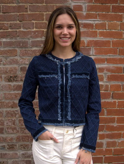 Liverpool Collarless Fray Edge Jacket W/ Velvet Trim-clothing,Coats & Jackets,Denim Jacket,denin jacket,jacket,Jackets,Jean Jacket,Liverpool,Outerwear,Tops,Trucker Jacket,Velvet,Women,women's-[option4]-[option5]-[option6]-Bella Bliss Boutique in Texas