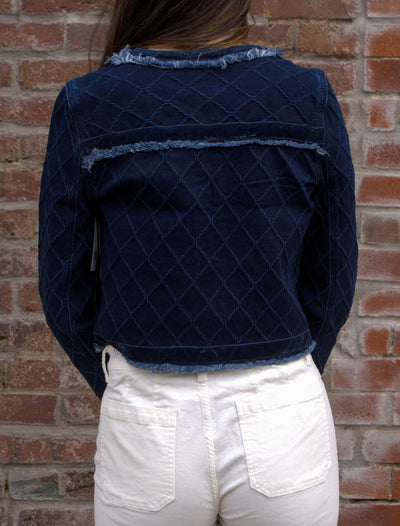 Liverpool Collarless Fray Edge Jacket W/ Velvet Trim-clothing,Coats & Jackets,Denim Jacket,denin jacket,jacket,Jackets,Jean Jacket,Liverpool,Outerwear,Tops,Trucker Jacket,Velvet,Women,women's-[option4]-[option5]-[option6]-Bella Bliss Boutique in Texas