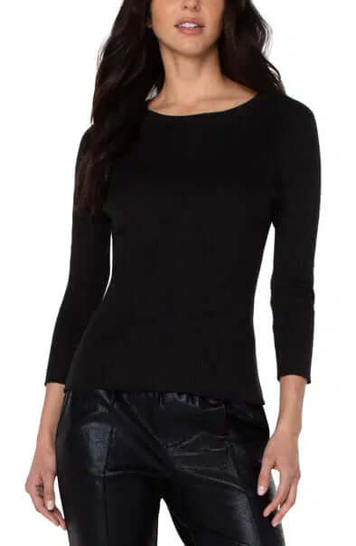 Liverpool Crew Neck 3/4 Sleeve Sweater-Black,clothing,Crew Neck,Sweater,Sweaters,Top,Tops,Women,women's-XS-[option4]-[option5]-[option6]-Bella Bliss Boutique in Texas