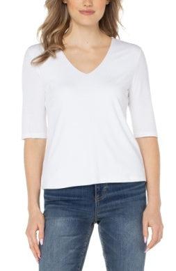 Liverpool Double Layer Rib Knit Top-1/2 Sleeve,Black,clothing,Double Layer,Rib Knit,Top,Tops,V-Neck,White,Women,women's-XS-White-[option4]-[option5]-[option6]-Bella Bliss Boutique in Texas