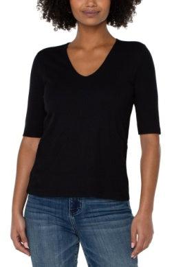Liverpool Double Layer Rib Knit Top-1/2 Sleeve,Black,clothing,Double Layer,Rib Knit,Top,Tops,V-Neck,White,Women,women's-[option4]-[option5]-[option6]-Bella Bliss Boutique in Texas