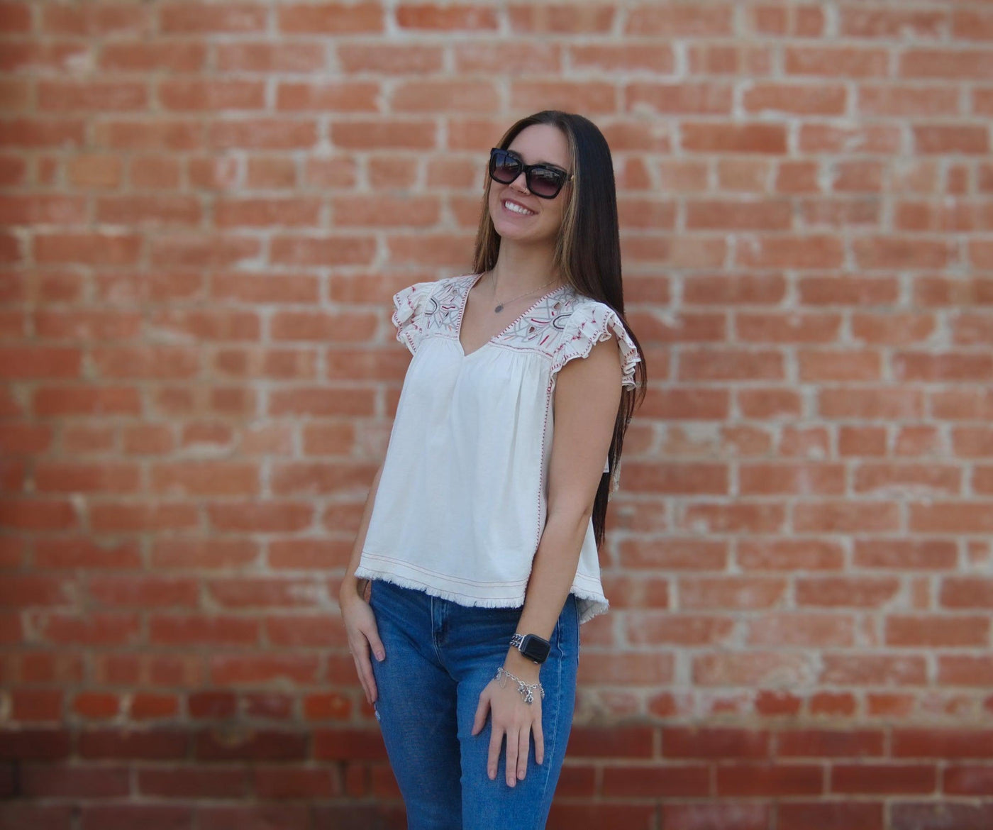 Liverpool Embroidered Detail Flutter Sleeve Top-Bone,clothing,embroidered,Embroidered Detail,Flutter Sleeve,Top,Tops,V-Neck,Women,women's,Woven Top-XS-[option4]-[option5]-[option6]-Bella Bliss Boutique in Texas