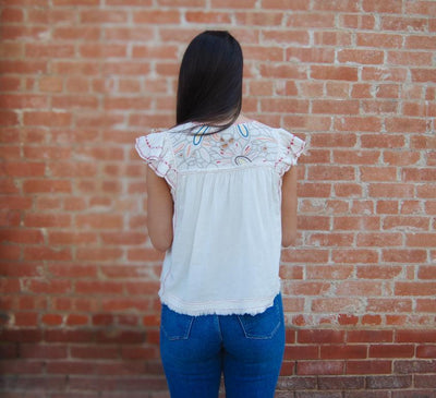 Liverpool Embroidered Detail Flutter Sleeve Top-Bone,clothing,embroidered,Embroidered Detail,Flutter Sleeve,Top,Tops,V-Neck,Women,women's,Woven Top-[option4]-[option5]-[option6]-Bella Bliss Boutique in Texas