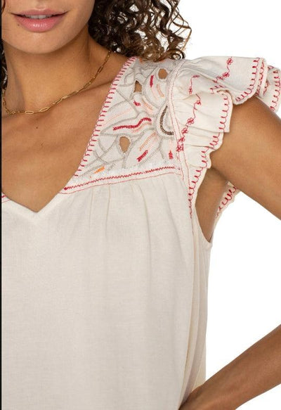Liverpool Embroidered Detail Flutter Sleeve Top-Bone,clothing,embroidered,Embroidered Detail,Flutter Sleeve,Top,Tops,V-Neck,Women,women's,Woven Top-[option4]-[option5]-[option6]-Bella Bliss Boutique in Texas