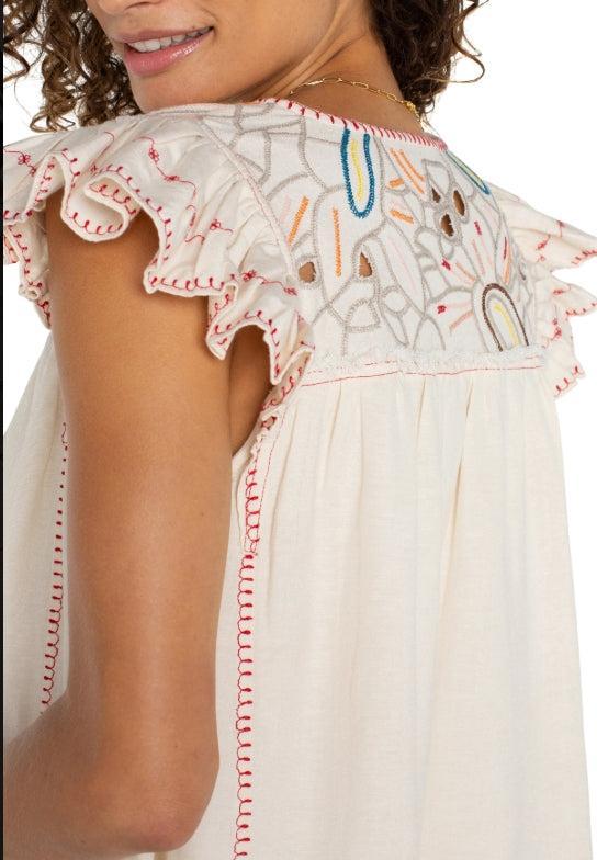 Liverpool Embroidered Detail Flutter Sleeve Top-Bone,clothing,embroidered,Embroidered Detail,Flutter Sleeve,Top,Tops,V-Neck,Women,women's,Woven Top-[option4]-[option5]-[option6]-Bella Bliss Boutique in Texas