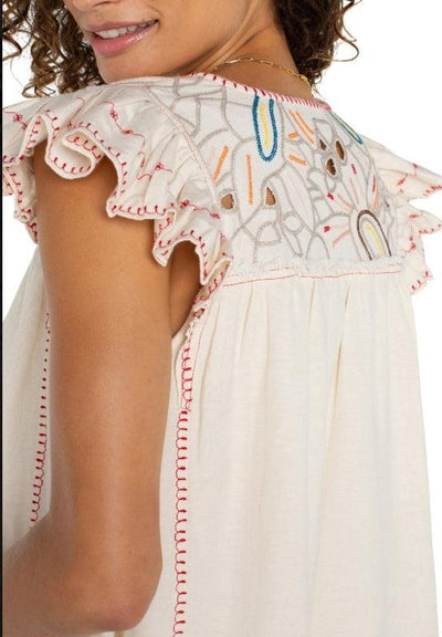 Liverpool Embroidered Detail Flutter Sleeve Top-Bone,clothing,embroidered,Embroidered Detail,Flutter Sleeve,Top,Tops,V-Neck,Women,women's,Woven Top-[option4]-[option5]-[option6]-Bella Bliss Boutique in Texas