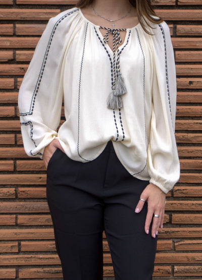 Liverpool Embroidered Detail Raglan Top-Alabaster,Black Embroidery,clothing,embroidered,Embroidered Detail,Embroidery Detail,Long Sleeve,raglan,Raglan Sleeves,Top,Tops,Women,women's,Woven Top-[option4]-[option5]-[option6]-Bella Bliss Boutique in Texas