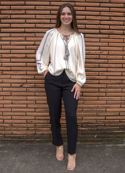 Liverpool Embroidered Detail Raglan Top-Alabaster,Black Embroidery,clothing,embroidered,Embroidered Detail,Embroidery Detail,Long Sleeve,raglan,Raglan Sleeves,Top,Tops,Women,women's,Woven Top-[option4]-[option5]-[option6]-Bella Bliss Boutique in Texas