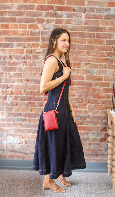 Liverpool Fit & Flare Denim Midi Dress-clothing,dress,dresses,Fit & Flare,Indigo Rinse,Midi Dress,Sale,Smocked Back,Smocking,Women,women's-[option4]-[option5]-[option6]-Bella Bliss Boutique in Texas