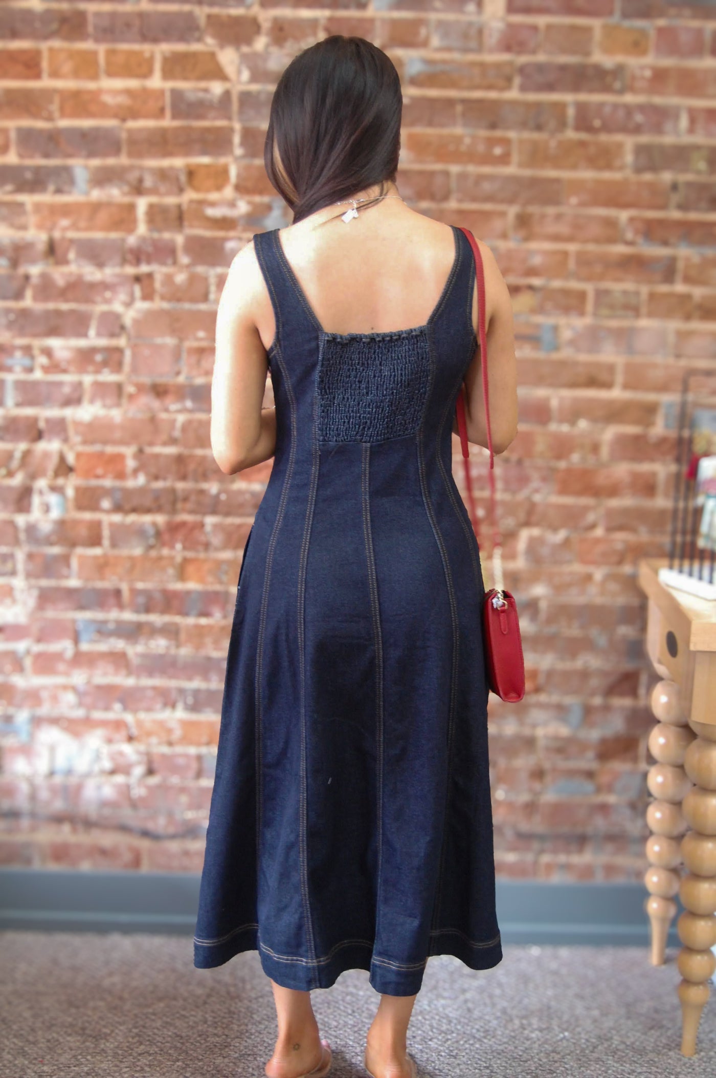 Liverpool Fit & Flare Denim Midi Dress-clothing,dress,dresses,Fit & Flare,Indigo Rinse,Midi Dress,Sale,Smocked Back,Smocking,Women,women's-[option4]-[option5]-[option6]-Bella Bliss Boutique in Texas