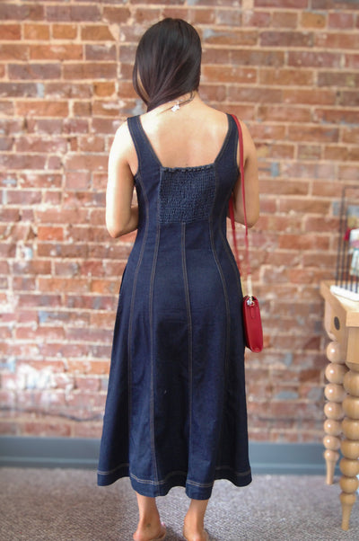 Liverpool Fit & Flare Denim Midi Dress-clothing,dress,dresses,Fit & Flare,Indigo Rinse,Midi Dress,Sale,Smocked Back,Smocking,Women,women's-[option4]-[option5]-[option6]-Bella Bliss Boutique in Texas