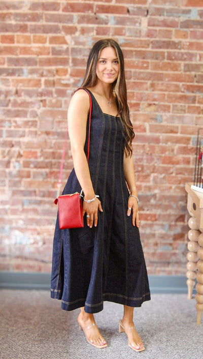 Liverpool Fit & Flare Denim Midi Dress-clothing,dress,dresses,Fit & Flare,Indigo Rinse,Midi Dress,Sale,Smocked Back,Smocking,Women,women's-[option4]-[option5]-[option6]-Bella Bliss Boutique in Texas