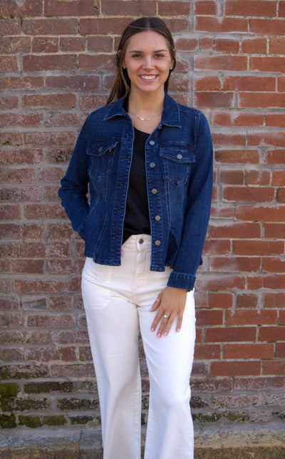 Liverpool Fit and Flare Trucker Jacket-clothing,Coats & Jackets,Denim Jacket,jacket,Jackets,Jean Jacket,Liverpool,Outerwear,Peplum,Top,Tops,Women,women's-[option4]-[option5]-[option6]-Bella Bliss Boutique in Texas