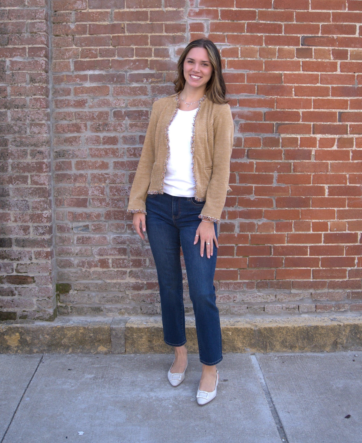 Liverpool Frayed Edge Collarless Jacket-clothing,Coats & Jackets,Collarless,Fray Detail,Frayed Edge,Honey,jacket,Liverpool,Outerwear,Women,women's-[option4]-[option5]-[option6]-Bella Bliss Boutique in Texas