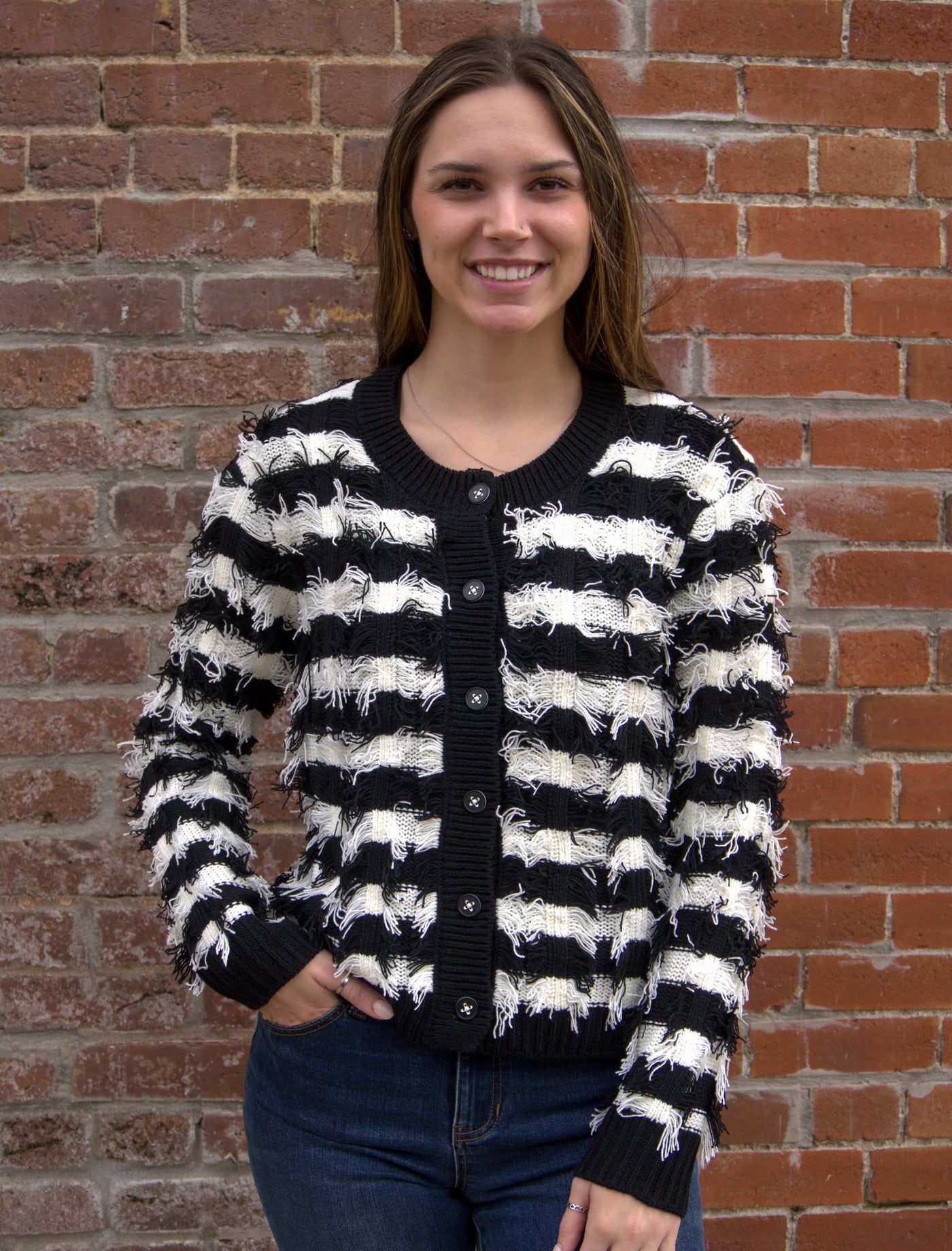 Liverpool Fringe Stripe Cardigan-Black & White,button down,Button Front,Cardigan,Cardigan Sweater,clothing,Cuffed Hem,Fringe,Fringe Details,Liverpool,Outerwear,Striped,Tops,Women,women's-XS-[option4]-[option5]-[option6]-Bella Bliss Boutique in Texas