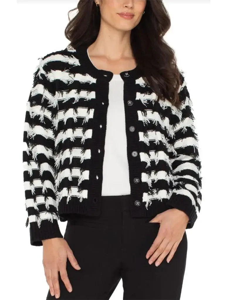 Liverpool Fringe Stripe Cardigan-Black & White,button down,Button Front,Cardigan,Cardigan Sweater,clothing,Cuffed Hem,Fringe,Fringe Details,Liverpool,Outerwear,Striped,Tops,Women,women's-XS-[option4]-[option5]-[option6]-Bella Bliss Boutique in Texas